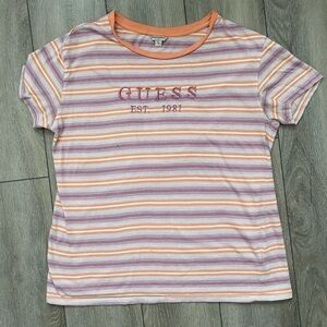 Guess Women’s Spell Out Tee Shirt Small Striped